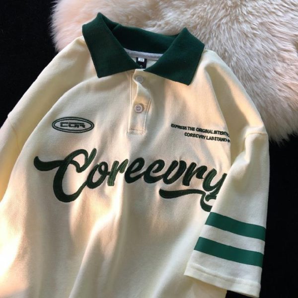 ⁦Women Ins Retro Short Sleeve Leisure Hong Kong Style Japanese Style Pu Shuai Lapel Loose Letters⁩ - الصورة ⁦3⁩