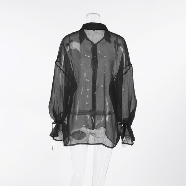 ⁦Women's Fashion Design Sense See-through Black Gauzy Shirt⁩ - الصورة ⁦5⁩