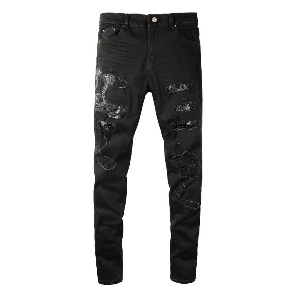 ⁦Broken Three Headed Snake Embroidery Patchwork Jeans For Men⁩ - الصورة ⁦3⁩