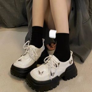 Women's Square Toe Thick Bottom Bowknot Leather Shoes