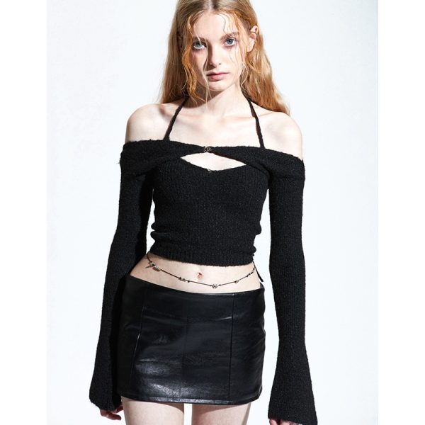 ⁦Sweater Mujer Sexy Off Shoulder Slim Knitted Sweaters Long Sleeve Pull Femme Autumn Vintage Chandails White Black Top Women⁩ - الصورة ⁦3⁩