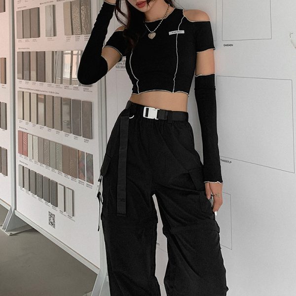⁦Women's Autumn And Winter Fashion Labeling Slim Round Neck Off-the-shoulder Short T-shirt For Women⁩ - الصورة ⁦4⁩