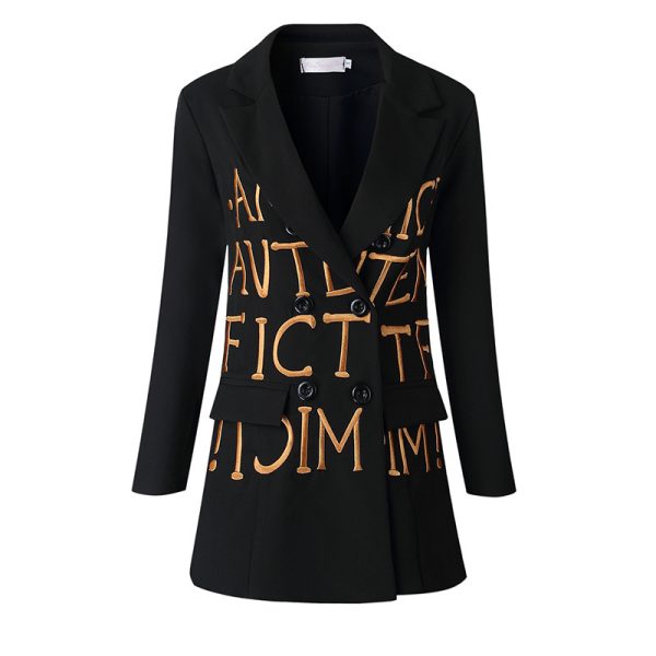 ⁦Women Black Slim-Fit Embroidered Lettering Blazer⁩ - الصورة ⁦3⁩