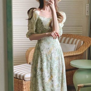 Tea Break Floral Chiffon Dress Women Long