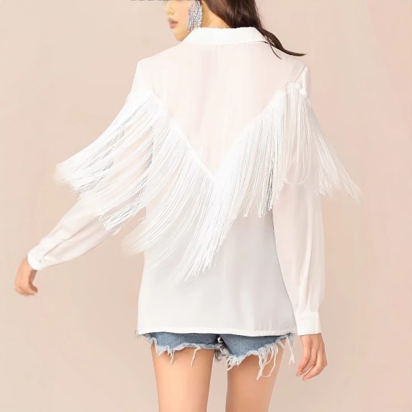 ⁦Women's Solid Color Tassel Decoration Long Sleeved Commuting Shirt Loose Casual Top⁩ - الصورة ⁦2⁩