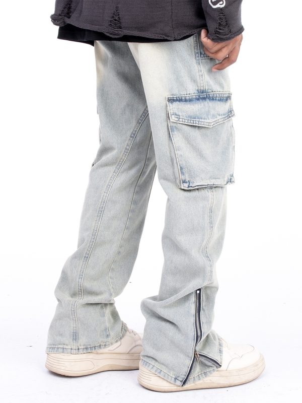 ⁦American Style Autumn And Winter Washed And Made Old Micro Elastic Jeans With Zipper Design At The Hem For Casual Pants⁩ - الصورة ⁦6⁩