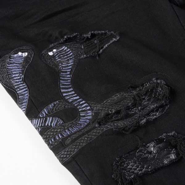 ⁦Broken Three Headed Snake Embroidery Patchwork Jeans For Men⁩ - الصورة ⁦5⁩