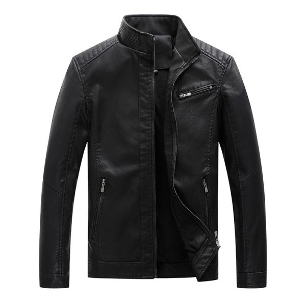 ⁦New Men's Leather Jackets Plus Velvet Solid Color⁩ - الصورة ⁦2⁩