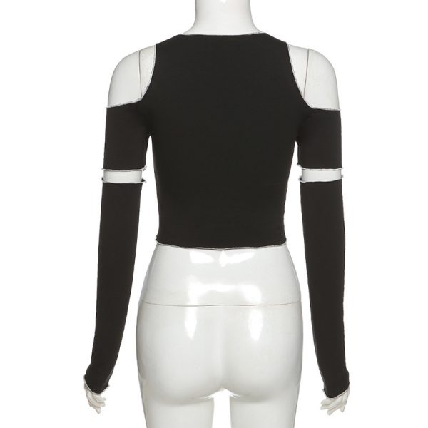 ⁦Women's Autumn And Winter Fashion Labeling Slim Round Neck Off-the-shoulder Short T-shirt For Women⁩ - الصورة ⁦9⁩