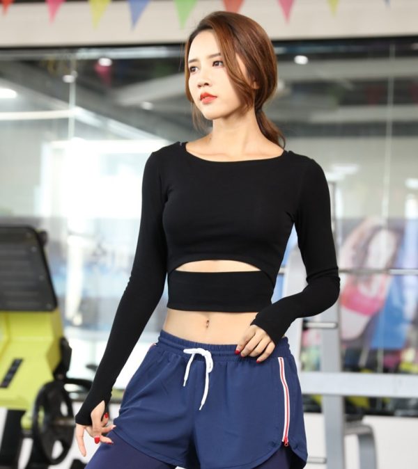 ⁦Vest running sports shirt female long-sleeved tight-fitting yoga clothes sexy quick-drying fitness clothes short paragraph navel t-shirt⁩ - الصورة ⁦3⁩