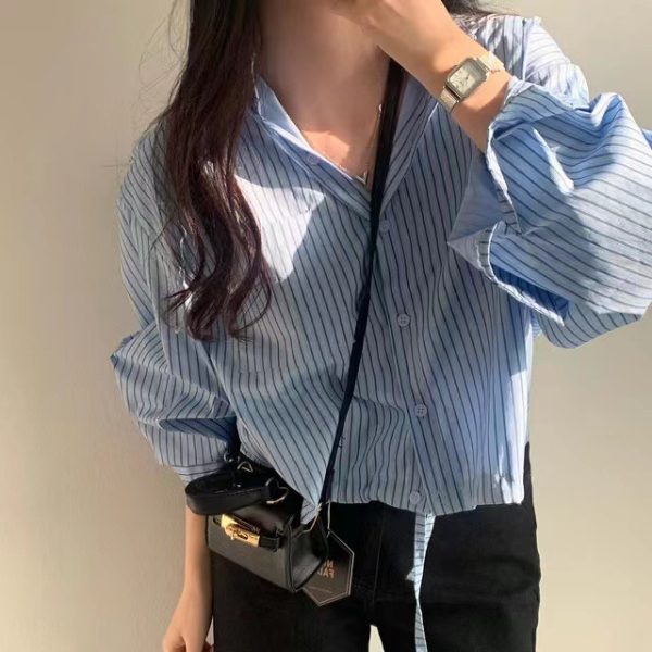 ⁦Striped Lapel Drawstring Long-sleeved Shirt Women's Loose Short⁩ - الصورة ⁦3⁩