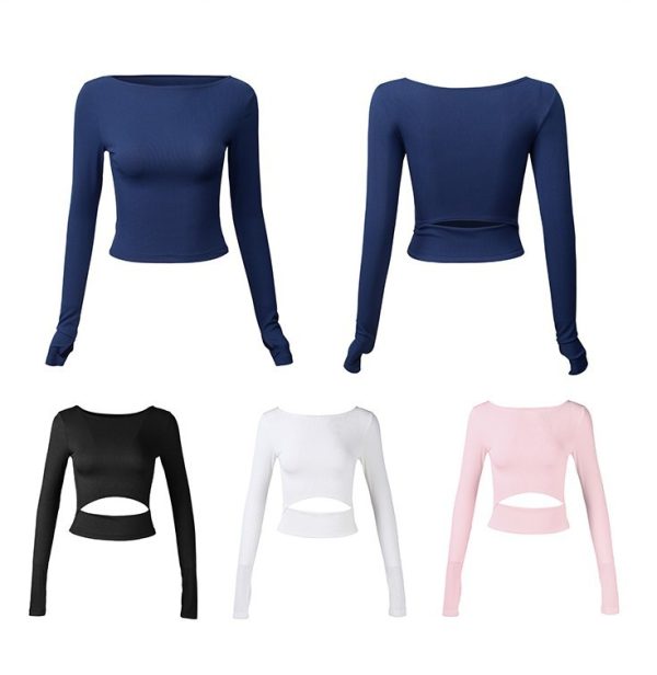 ⁦Vest running sports shirt female long-sleeved tight-fitting yoga clothes sexy quick-drying fitness clothes short paragraph navel t-shirt⁩ - الصورة ⁦2⁩