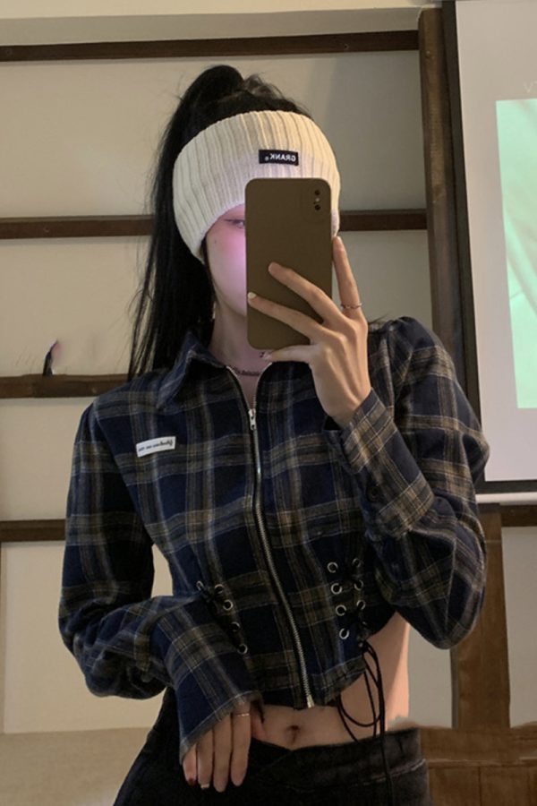 ⁦Women's Spring Short Hot Girl Plaid Shirt⁩ - الصورة ⁦2⁩