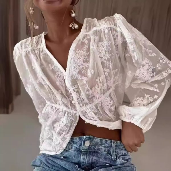 ⁦Women's U-neck Loose Embroidered Long-sleeved Shirt⁩ - الصورة ⁦4⁩