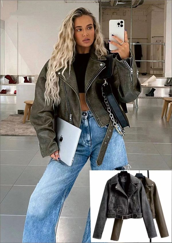 ⁦Women's Washed Leather Worn Motorcycle Leisure Jacket Leather Coat⁩ - الصورة ⁦8⁩