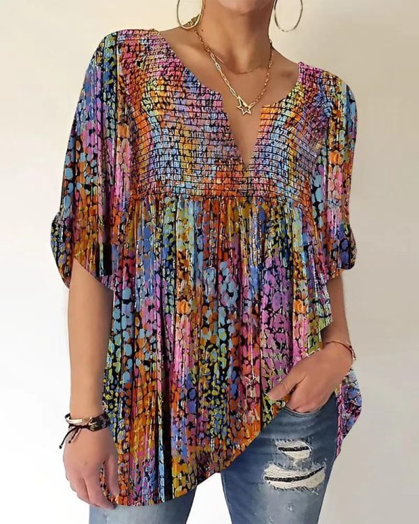 ⁦Women's Color Printed V-neck Pullover Shirt⁩ - الصورة ⁦9⁩