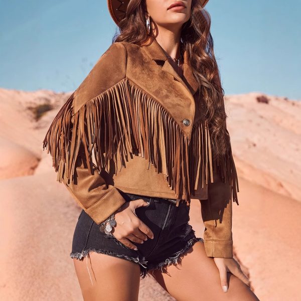 ⁦Women's Leisure Vacation Western Style Suede Fringe Jacket⁩ - الصورة ⁦5⁩