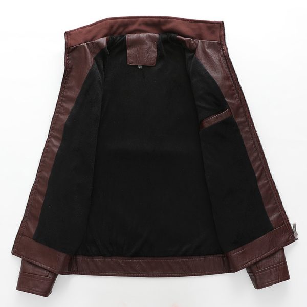 ⁦New Men's Leather Jackets Plus Velvet Solid Color⁩ - الصورة ⁦5⁩