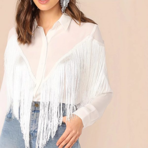 ⁦Women's Solid Color Tassel Decoration Long Sleeved Commuting Shirt Loose Casual Top⁩ - الصورة ⁦4⁩