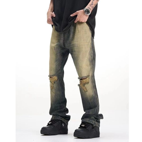⁦American Retro Make Old Ripped Cement Yellow Jeans For Men⁩ - الصورة ⁦3⁩
