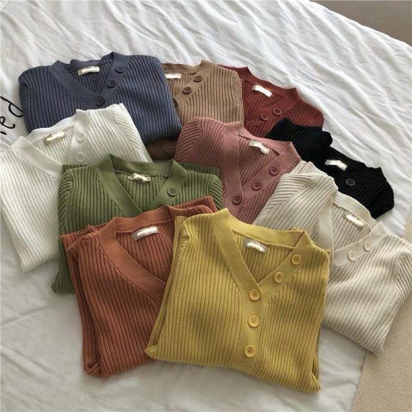 ⁦Candy color V-neck one-breasted sweater⁩ - الصورة ⁦2⁩