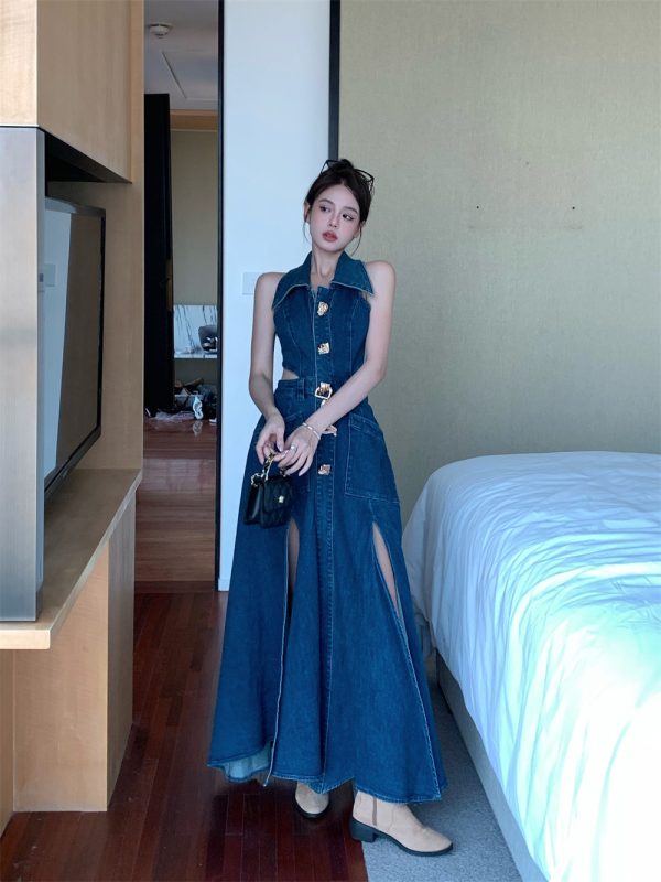 ⁦Women Spring Summer Sleeveless Dress Denim Outfits⁩ - الصورة ⁦6⁩