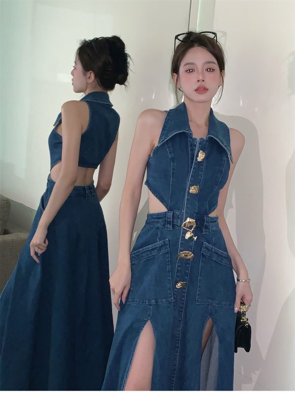 ⁦Women Spring Summer Sleeveless Dress Denim Outfits⁩ - الصورة ⁦4⁩
