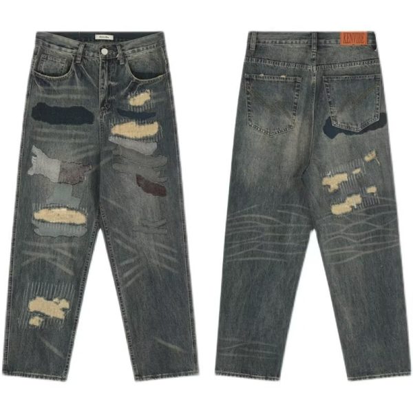 ⁦American Retro Loose Washed-out Ripped Jeans For Men⁩ - الصورة ⁦2⁩