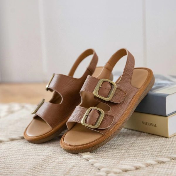 ⁦Women's Flat Cool First Layer Cowhide Soft Bottom Belt Buckle Beach Outer Wear Ankle-strap Sandals⁩ - الصورة ⁦6⁩
