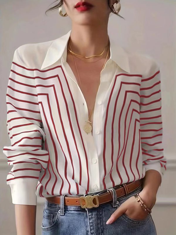 ⁦Autumn Striped Shirt Women's Long Sleeve Loose Silk Top⁩ - الصورة ⁦8⁩