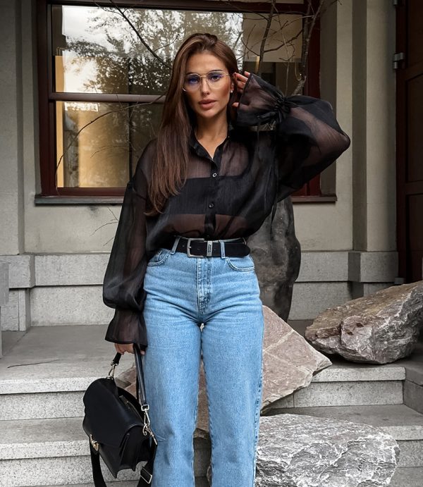 ⁦Women's Fashion Design Sense See-through Black Gauzy Shirt⁩ - الصورة ⁦9⁩