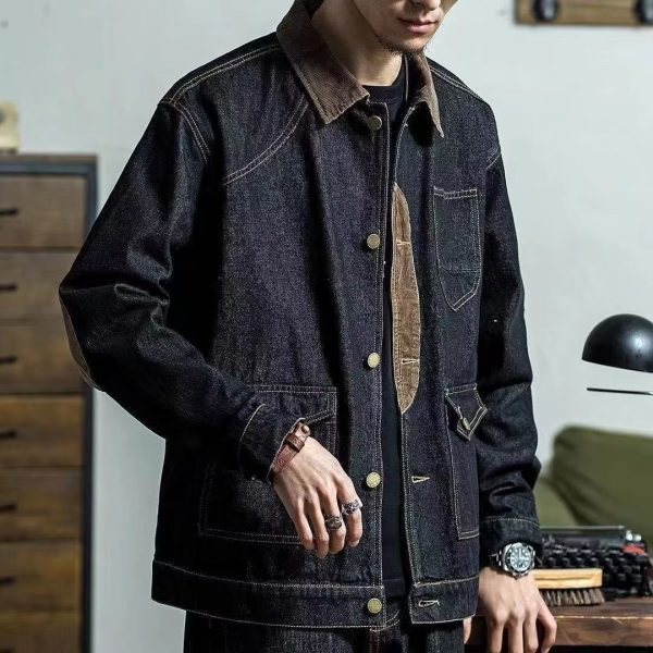 ⁦Workwear Retro Tough Safari Jacket Washed Denim Tough Guy Coat Men Fashion Brands Shirt⁩ - الصورة ⁦7⁩
