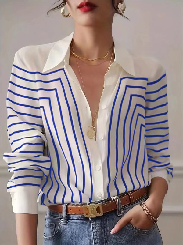 ⁦Autumn Striped Shirt Women's Long Sleeve Loose Silk Top⁩ - الصورة ⁦7⁩
