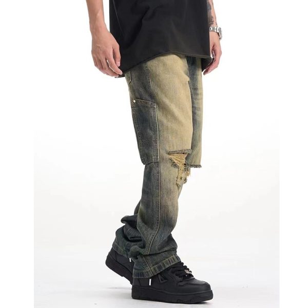 ⁦American Retro Make Old Ripped Cement Yellow Jeans For Men⁩ - الصورة ⁦5⁩