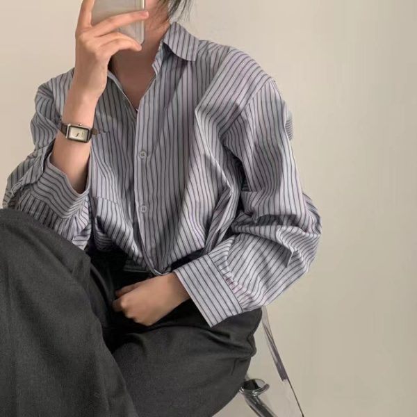 ⁦Striped Lapel Drawstring Long-sleeved Shirt Women's Loose Short⁩ - الصورة ⁦4⁩