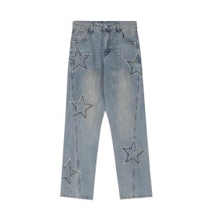 Street Trend Patch Pentagram Cat Whisker Embroidered Jeans Men