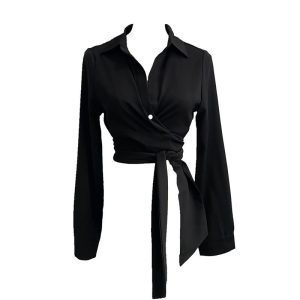 Black Knot Tie Bow Cropped Slim Fit V-Neck Shirt Top