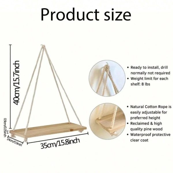 ⁦Wooden Swing Hanging Hemp Rope Wall Shelve Mounted Floating Home Living Room Plant Flower Pot Tray Storage Garden Decoration⁩ - الصورة ⁦4⁩