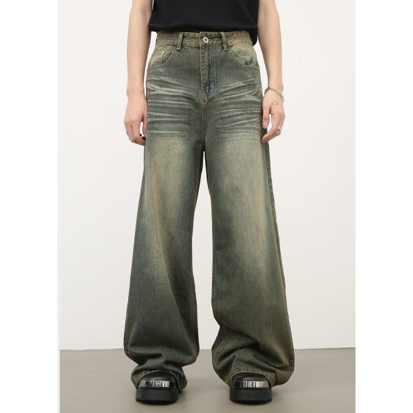 ⁦American Retro Cyan Washed Jeans With Whiskers Men⁩ - الصورة ⁦2⁩