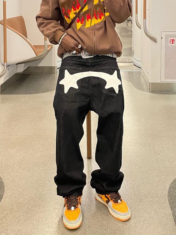 ⁦Baggy Jeans Men Fashion Designer Black Star Printed Trend⁩ - الصورة ⁦4⁩