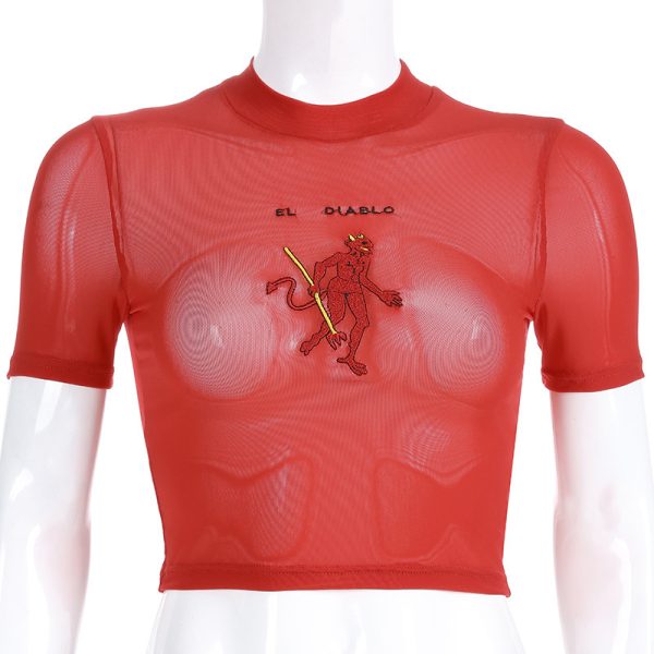 ⁦Summer Red Mesh Top Women's T-Shirt Transparent Letter Embroidered Short Sleeve T-Shirt Sexy Navel Top T-Shirt⁩ - الصورة ⁦2⁩
