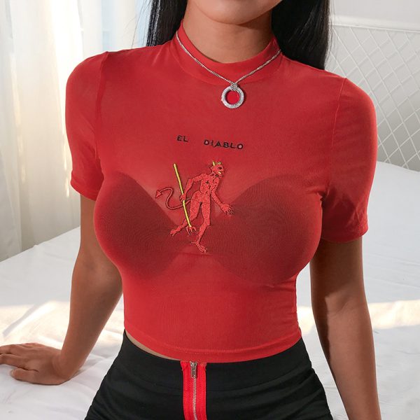 ⁦Summer Red Mesh Top Women's T-Shirt Transparent Letter Embroidered Short Sleeve T-Shirt Sexy Navel Top T-Shirt⁩ - الصورة ⁦4⁩
