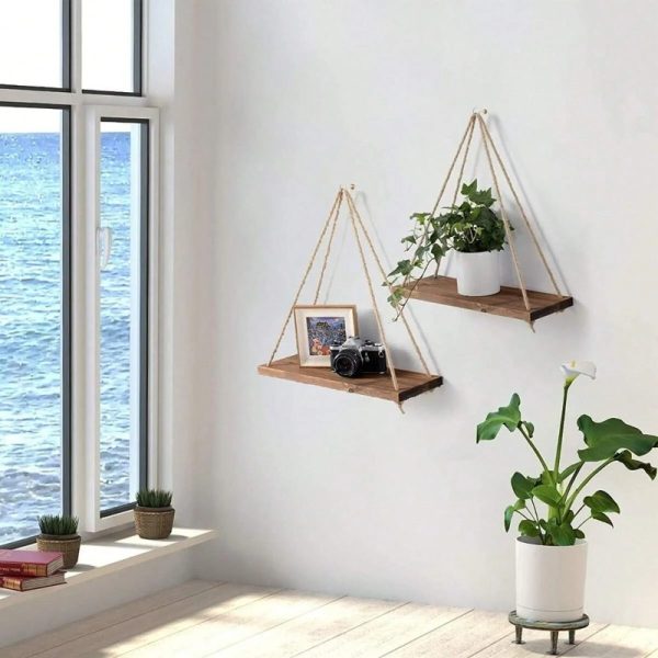 ⁦Wooden Swing Hanging Hemp Rope Wall Shelve Mounted Floating Home Living Room Plant Flower Pot Tray Storage Garden Decoration⁩ - الصورة ⁦2⁩