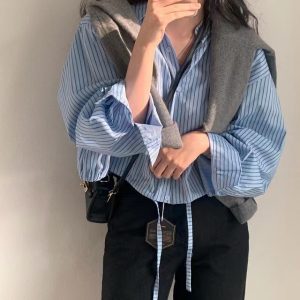Striped Lapel Drawstring Long-sleeved Shirt Women's Loose Short