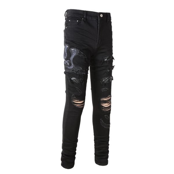 ⁦Broken Three Headed Snake Embroidery Patchwork Jeans For Men⁩ - الصورة ⁦2⁩