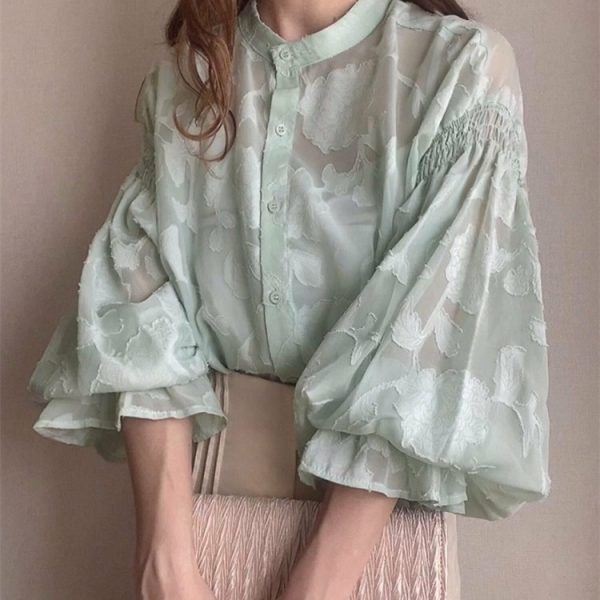 ⁦Summer Flower Jacquard Lantern Sleeve Transparent Blouse⁩ - الصورة ⁦2⁩