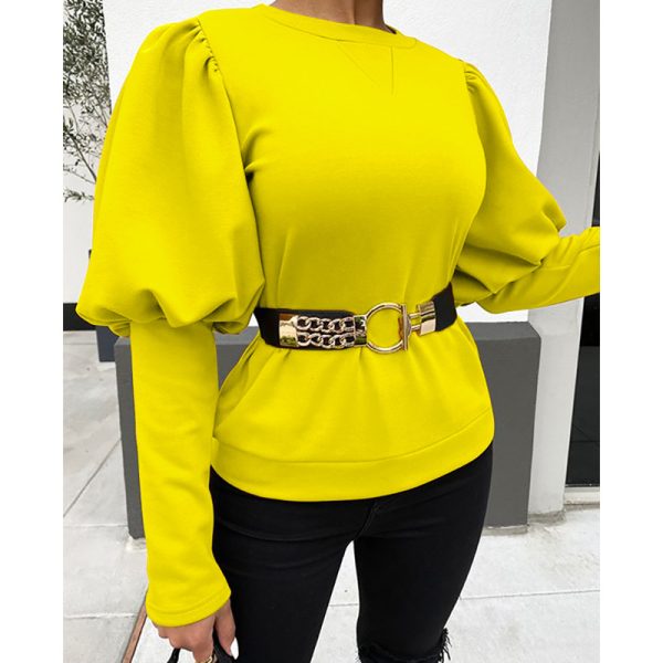 ⁦Women's Clothing Round Neck Puff Sleeve Solid Color Top T-shirt⁩ - الصورة ⁦5⁩