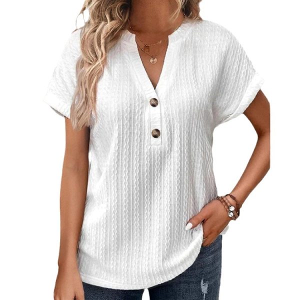 ⁦Women's Batwing Sleeve Solid Color And V-neck Button T-shirt⁩ - الصورة ⁦4⁩