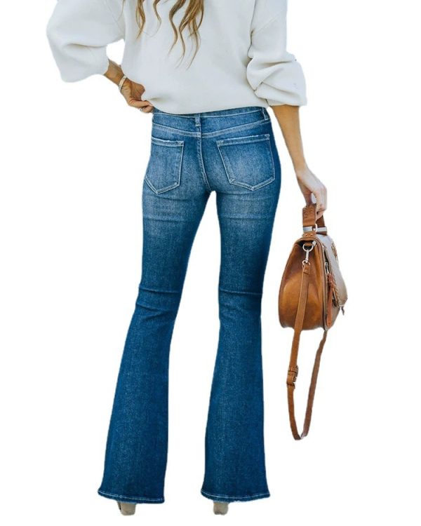 ⁦Washed Bell-bottom Pants Elastic Ripped Women⁩ - الصورة ⁦2⁩