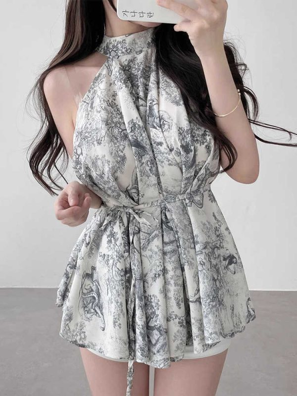 ⁦Vintage Stand Collar Ink Printing Lace-up Waist Halter Chiffon Shirt⁩ - الصورة ⁦2⁩
